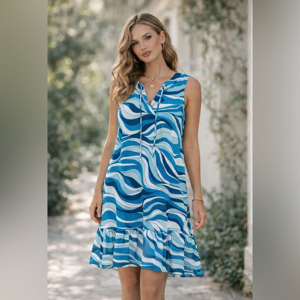 Michael Kors Blue Abstract Print Sleeveless Dress medium